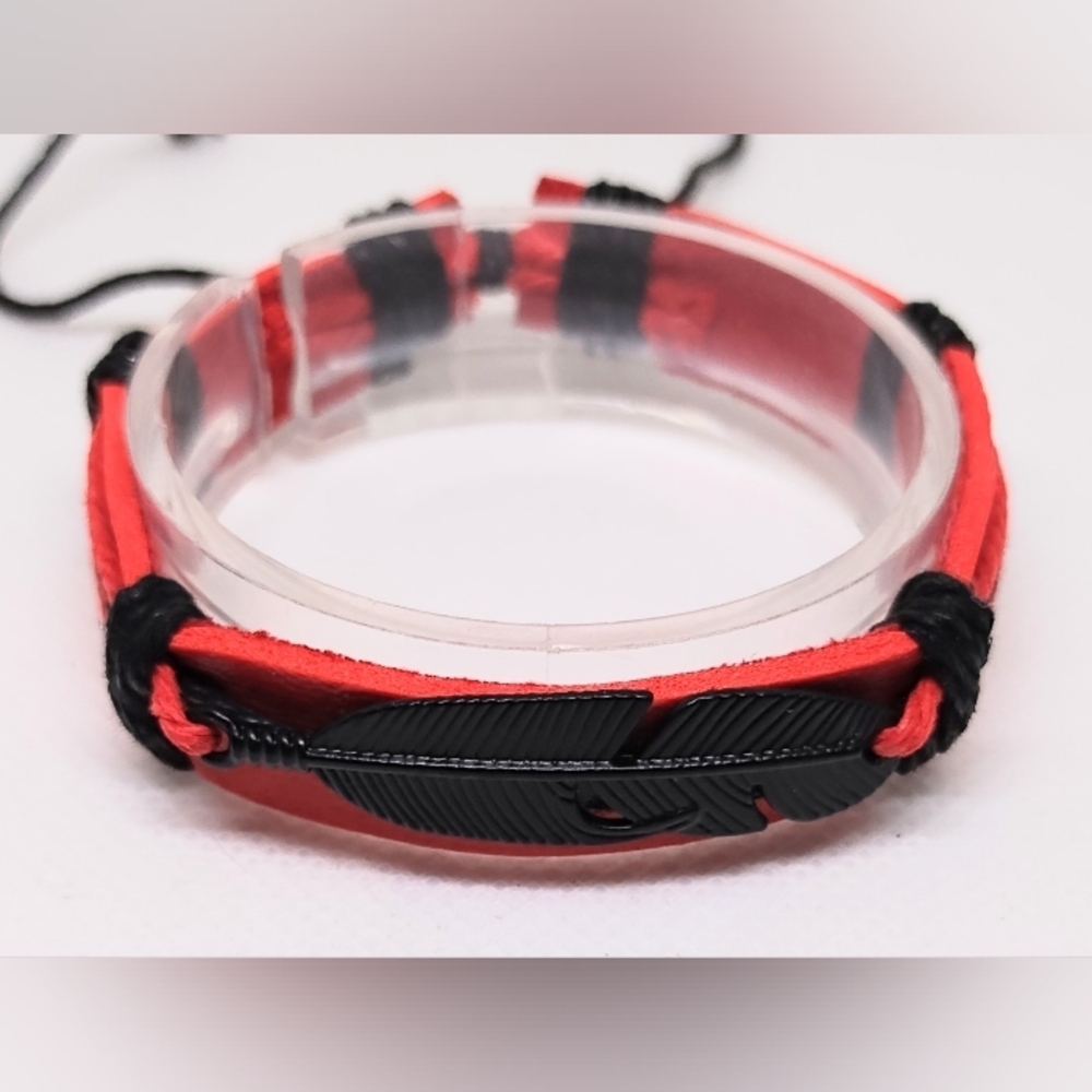 Men's Bracelet Leather Layered Feather‎ Black Red New f29